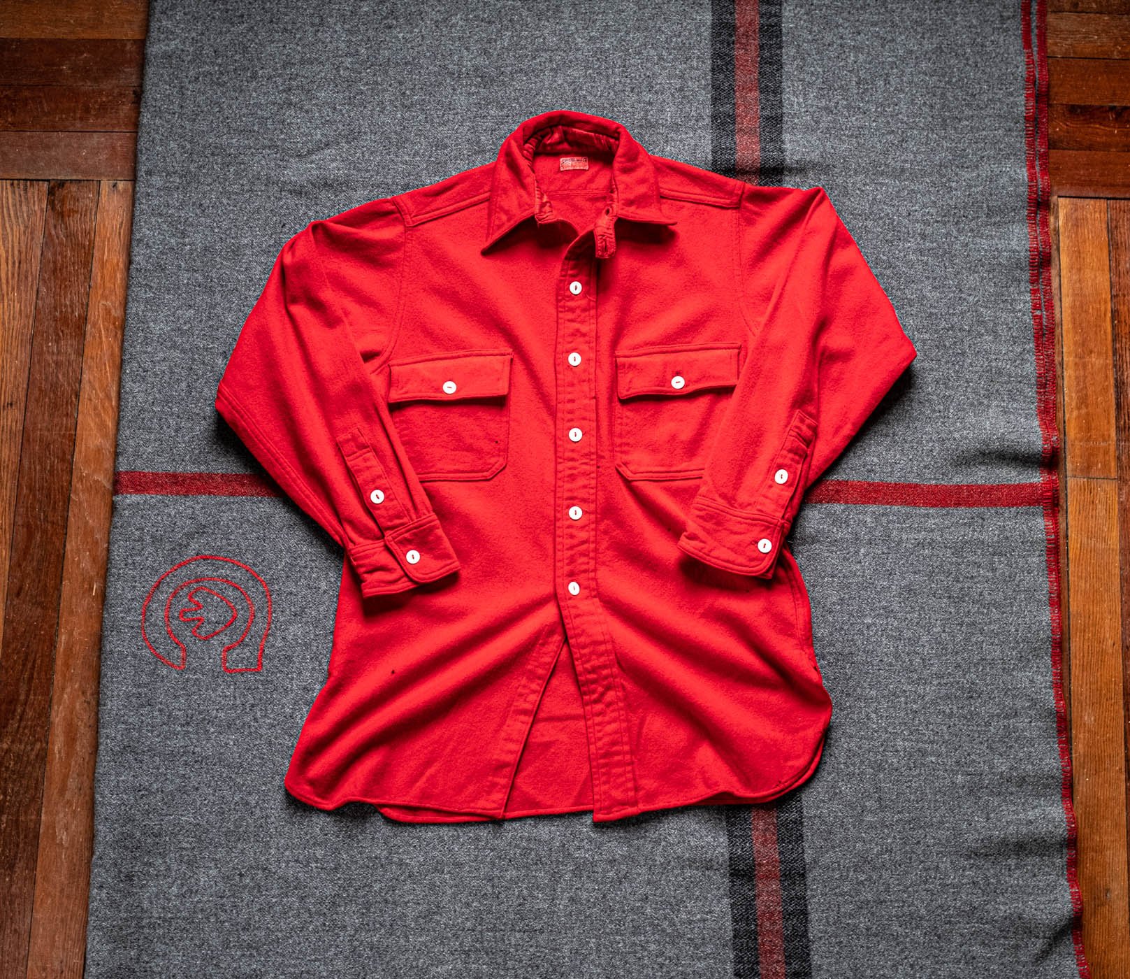 1930's JC Penny Red Wool Chin-Strap Work Shirt — SAUNDERSMILITARIA